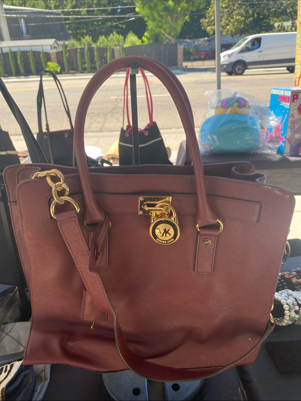 Michael Kors Burgundy Saffiano Leather Satchel with Gold Hardware